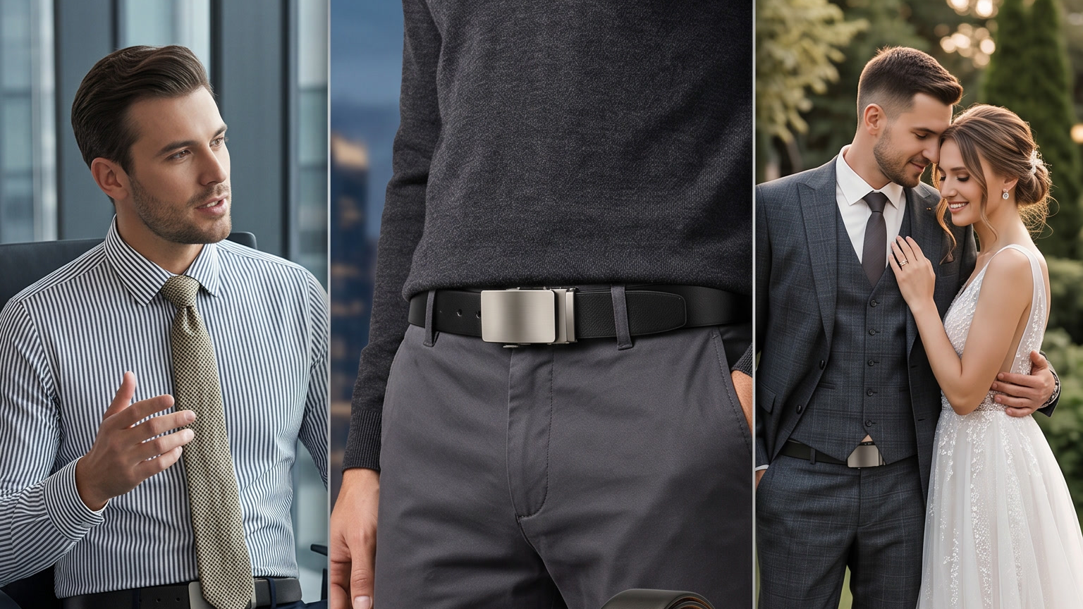 Zero Gap advertisement showcasing a belt with images of a man in formal attire and a couple, highlighting its use for business, work, and celebrations.