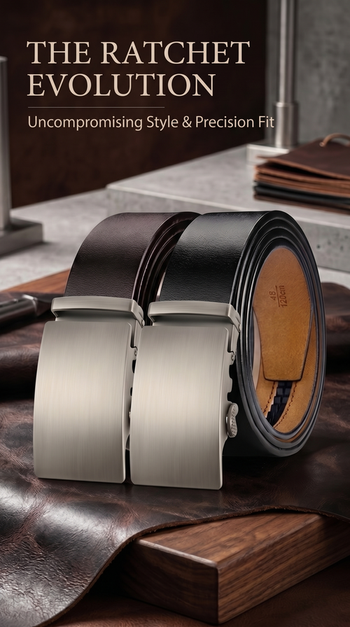Black leather belt with silver ratchet mechanism on a wooden surface, with text 'The Ratchet Evolution' above.