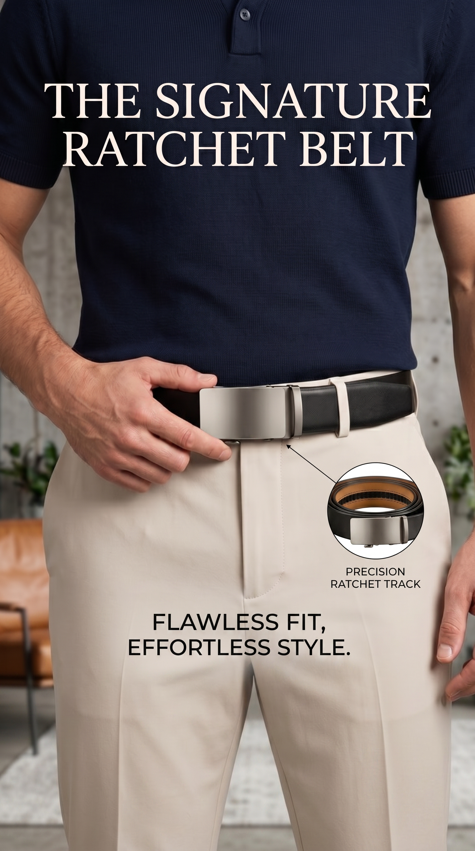Person wearing a belt with text about the Signature Ratchet Belt and product features.